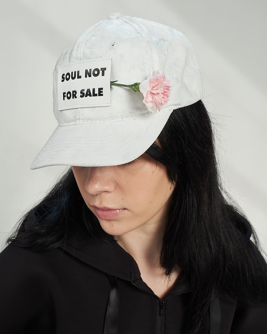 white repurposed hat, soul not for sale, upcycled cap, white cap, painted cap, handmade, upcycled, nyc, sustainable