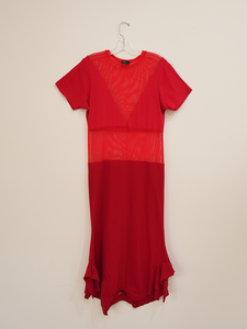 upcycled red t-shirt maxi dress with mesh sustaianable