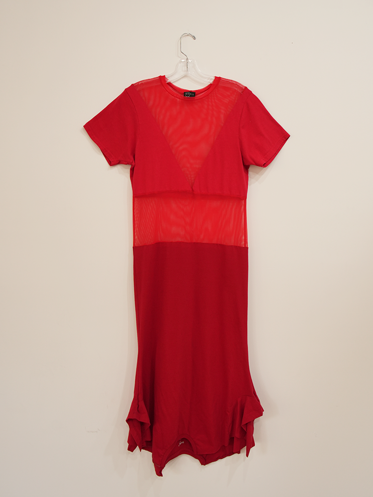upcycled red t-shirt maxi dress with mesh sustaianable