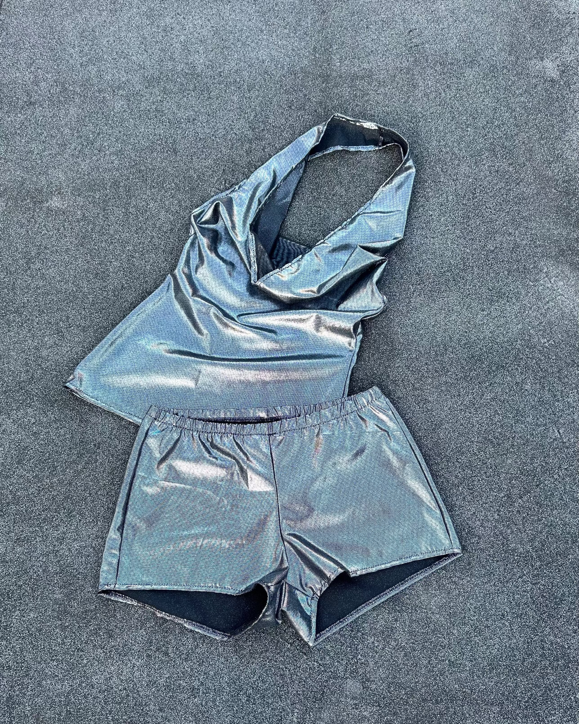 silver outfit, metallic mesh, cowl neck tank, made to order, sustainably made, silver tank top, silver booty shorts, silver boyshort, silver shorts