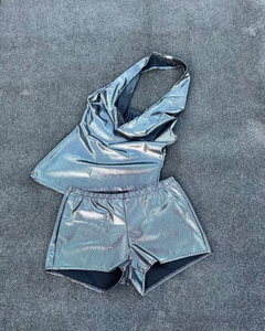 silver outfit, metallic mesh, cowl neck tank, made to order, sustainably made, silver tank top, silver booty shorts, silver boyshort, silver shorts