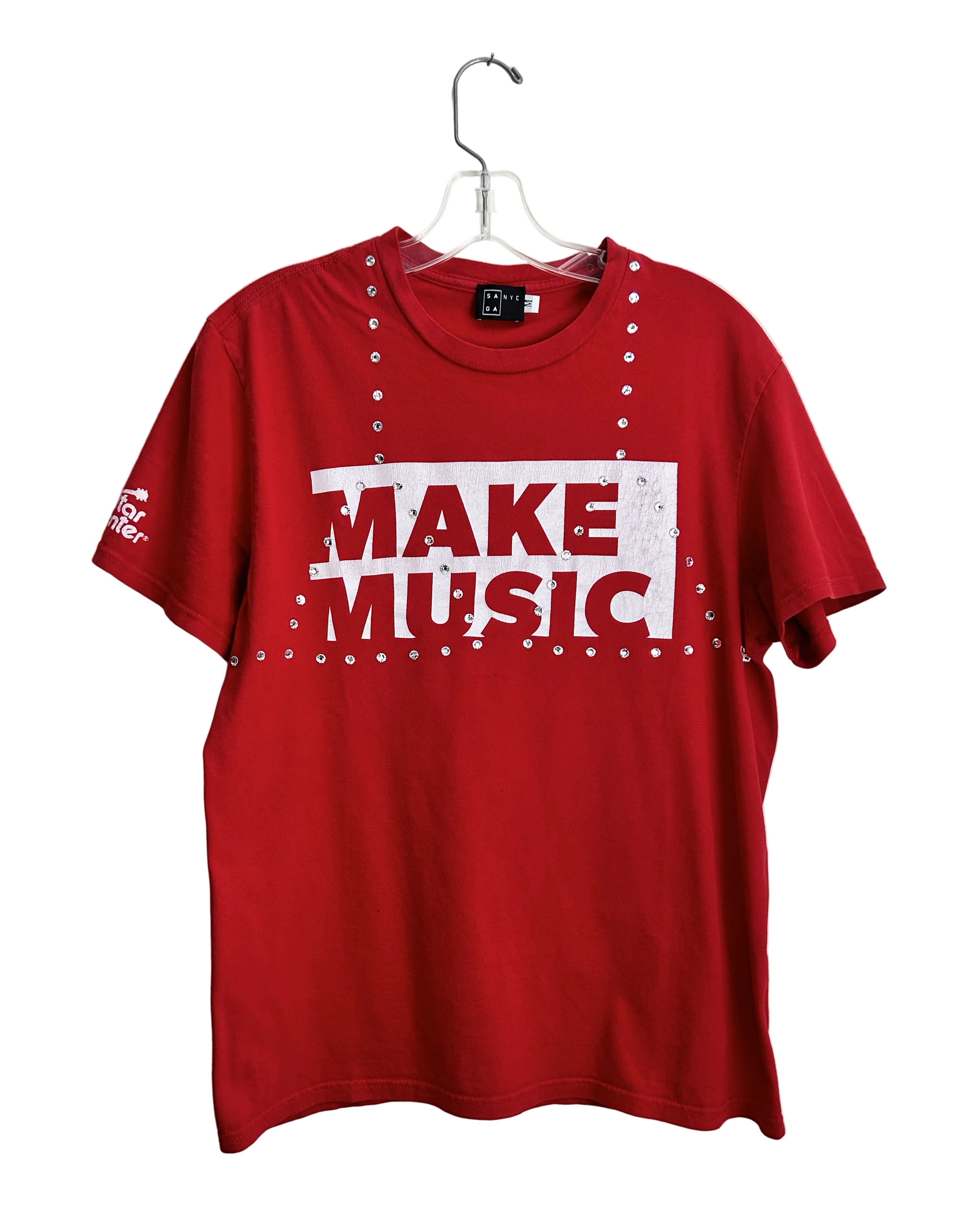 upcycled Red t-shirt with 'MAKE MUSIC' text on a white background