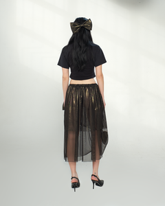 dark gold bow skirt, gathered bow skirt, dark gold mesh skirt with bows, edgy skirt with bows, maxi skirt with bows, handmade, nyc, sustainable