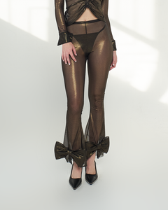 mesh pants, mesh pants with bows, dark gold pants, bell bottoms pants, sexy mesh pants, night out outfit, bows, metallic gold mesh, sheer pants